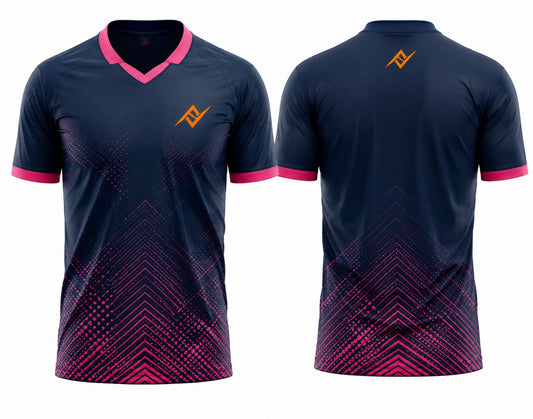 Front and back view of a navy blue and pink V-neck cricket jersey featuring geometric gradient graphics with custom logo placement on the chest and below the back neckline.