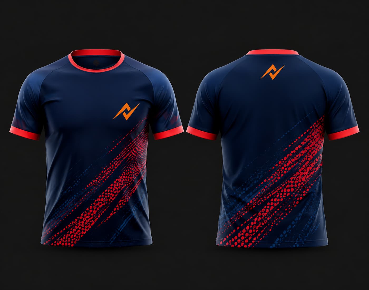 Front and back view of a navy blue and red round neck cricket jersey featuring red halftone graphics and an orange chest logo, customizable for cricket teams.