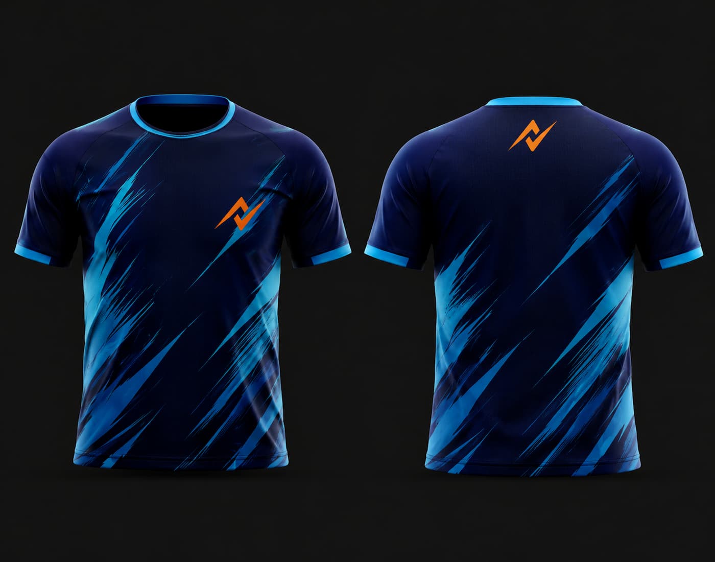 Front and back view of a navy blue round neck cricket jersey with cyan brushstroke graphics and orange logo, customizable team sports jersey.