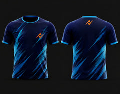 Front and back view of a navy blue round neck cricket jersey with cyan brushstroke graphics and orange logo, customizable team sports jersey.