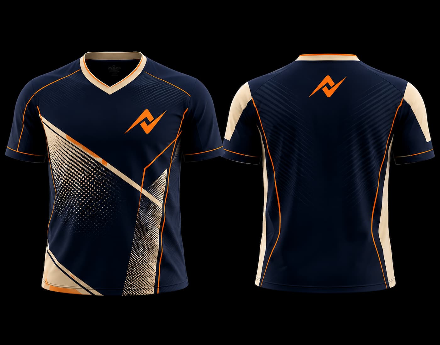Front and back view of a navy blue and sand V-neck esports jersey featuring orange geometric accents, halftone graphics, and a custom logo on the chest and upper back.