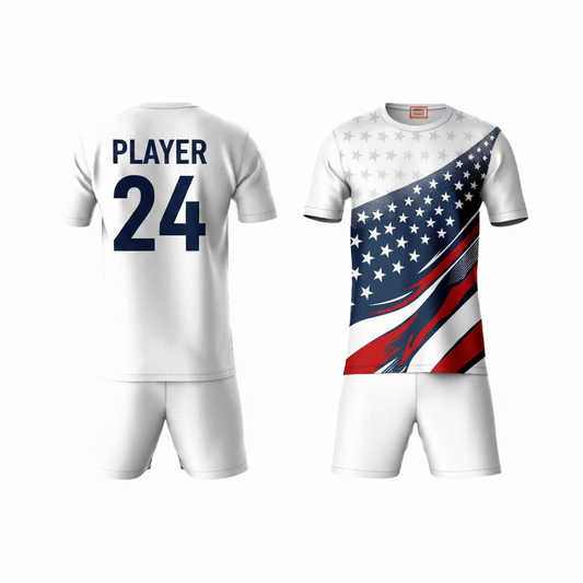 Navy blue striped pattern activewear t-shirt with white shorts back view