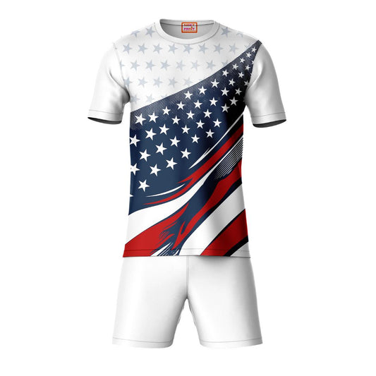 Navy blue striped pattern sports t-shirt with white shorts co-ord set front view