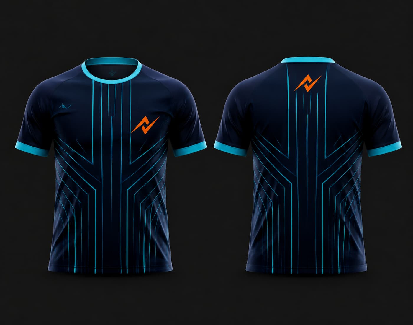 Front and back view of a navy blue round neck cricket jersey with cyan tech-line graphics and an orange chest logo, customizable for cricket teams.