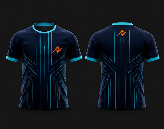 Front and back view of a navy blue round neck cricket jersey with cyan tech-line graphics and an orange chest logo, customizable for cricket teams.