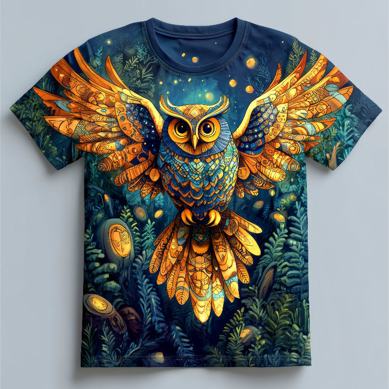 Next Print A navy blue tshirt with a detailed illustration of an owl