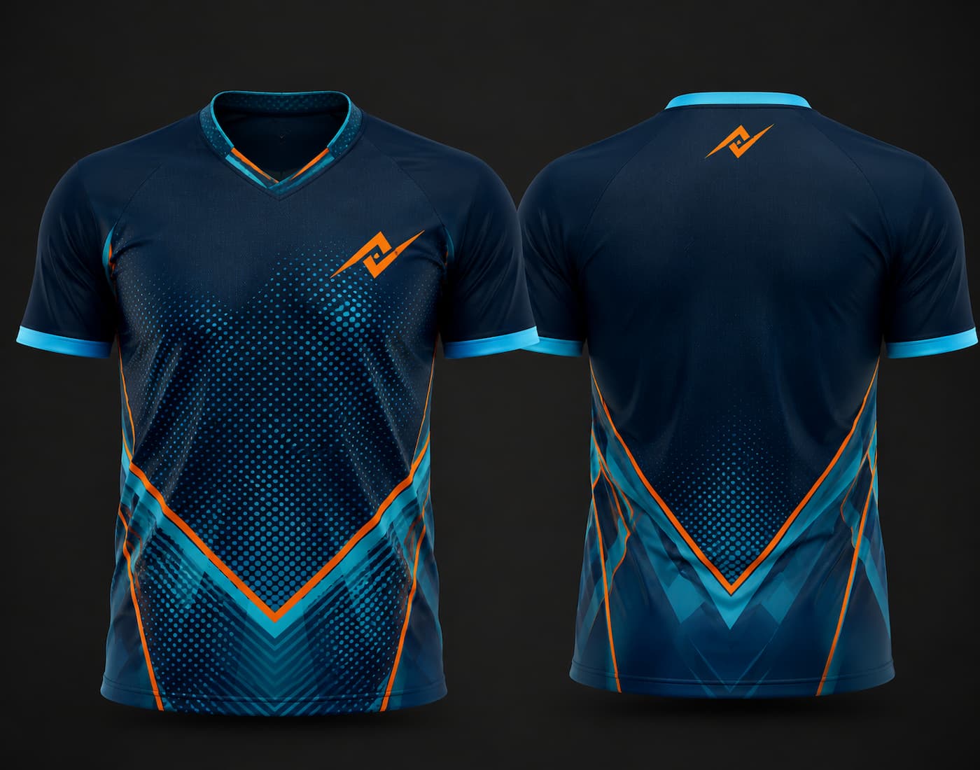 Front and back view of a navy blue custom V-neck cricket jersey featuring cyan and orange geometric graphics with a custom chest logo and back neck logo.