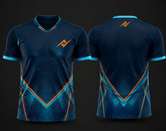 Front and back view of a navy blue custom V-neck cricket jersey featuring cyan and orange geometric graphics with a custom chest logo and back neck logo.