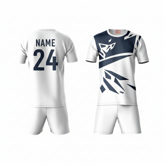 Navy blue white geometric pattern activewear t-shirt with white shorts back view
