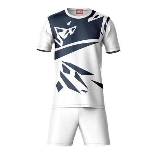 Navy blue white geometric pattern sports t-shirt with white shorts co-ord set front view