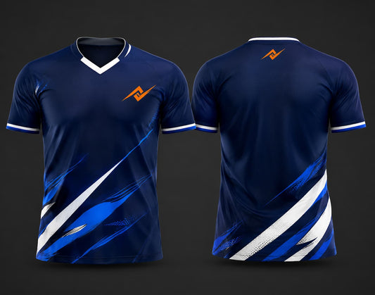 Navy blue and white custom V-neck cricket jersey featuring dynamic blue graphics with logo on the chest and below the back neck, shown in front and back view.