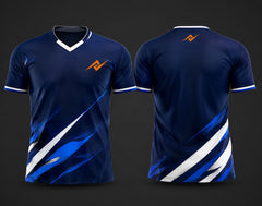 Navy blue and white custom V-neck cricket jersey featuring dynamic blue graphics with logo on the chest and below the back neck, shown in front and back view.