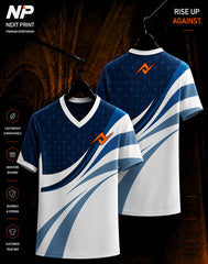 Navy blue and white wave V-neck sports jersey by Next Print with front and back view