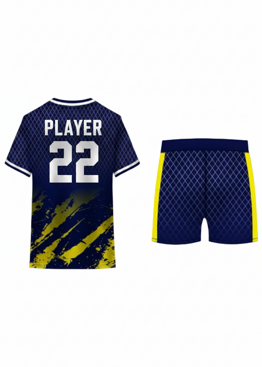 Navy blue custom sports jersey with yellow accents and matching shorts for cricket, football and team uniform sublimation printing
