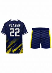 Navy blue custom sports jersey with yellow accents and matching shorts for cricket, football and team uniform sublimation printing