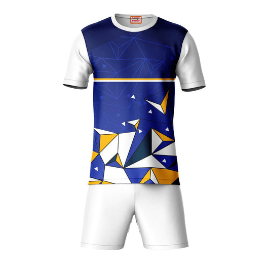 Navy blue yellow sports t-shirt with white shorts co-ord set front view