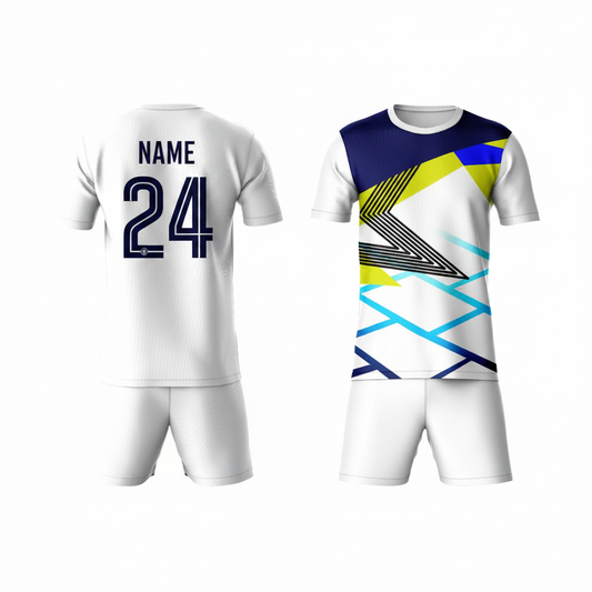 Navy blue yellow white activewear t-shirt with white shorts back view