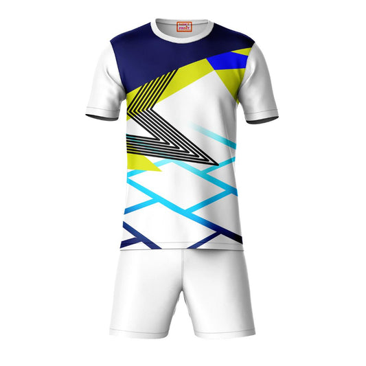 Navy blue yellow white sports t-shirt with white shorts co-ord set front view