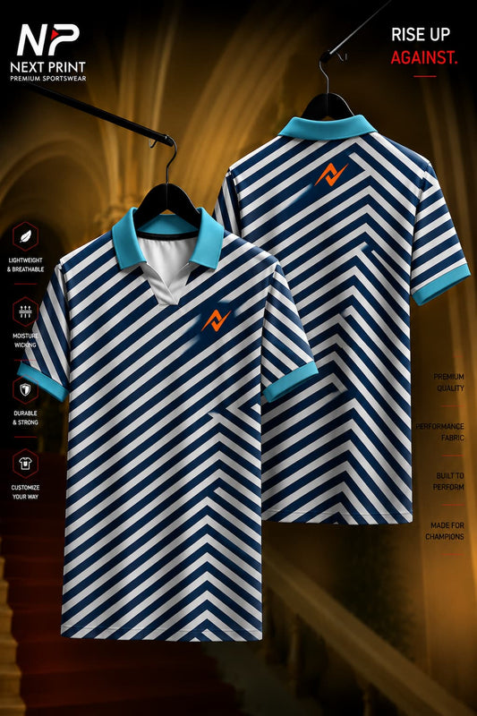 Navy blue and white chevron stripe polo sports jersey with aqua collar shown in front and back views, made from premium dry-fit performance fabric.