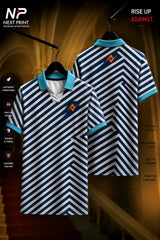 Navy blue and white chevron stripe polo sports jersey with aqua collar shown in front and back views, made from premium dry-fit performance fabric.