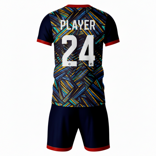 Navy geometric pattern sports jersey with black shorts back view