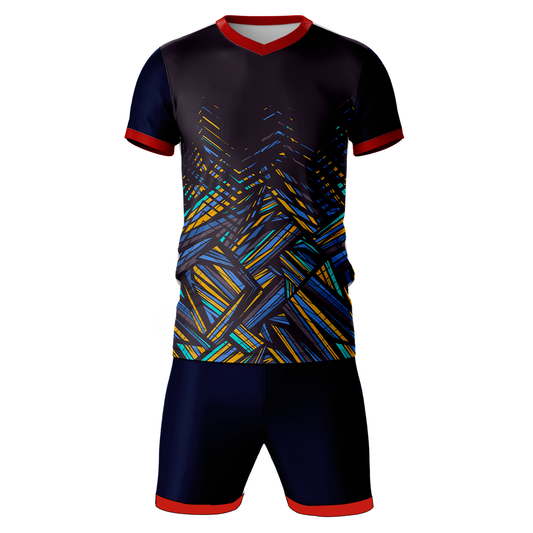 Navy geometric pattern sports jersey with black shorts front view