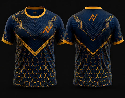 Navy and gold hexagon pattern round neck cricket jersey front and back custom sports uniform