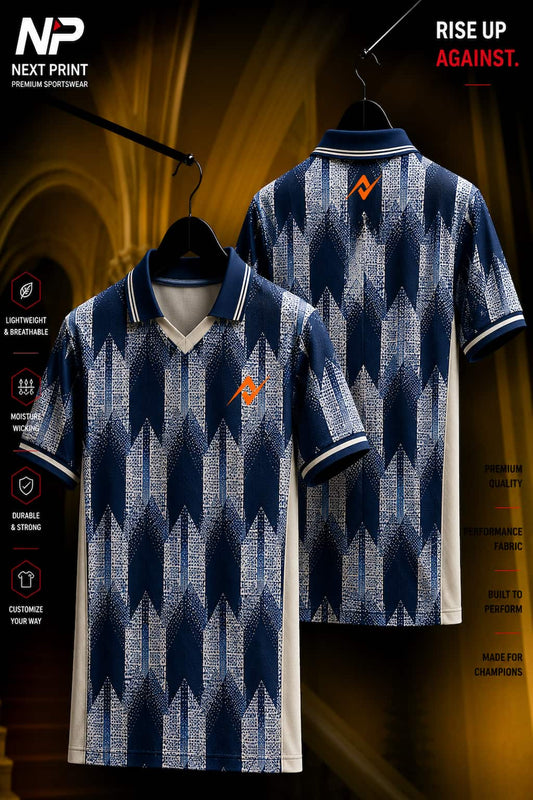 Front and back view of a navy blue heritage pattern polo sports jersey with ivory side panels and premium dry-fit performance fabric.