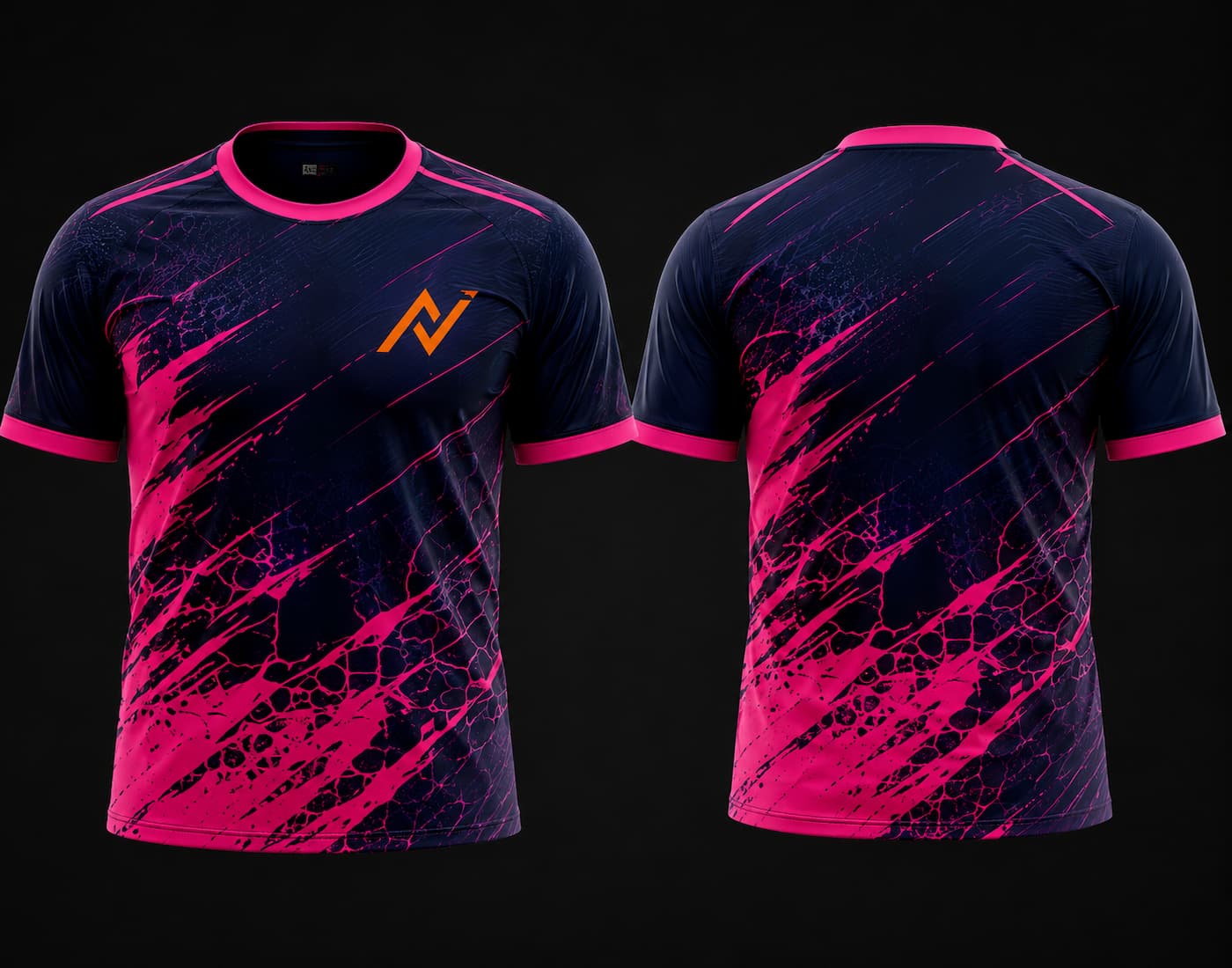 Front and back view of a navy and neon pink splash pattern round neck custom cricket jersey with sublimation print