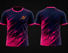 Front and back view of a navy and neon pink splash pattern round neck custom cricket jersey with sublimation print
