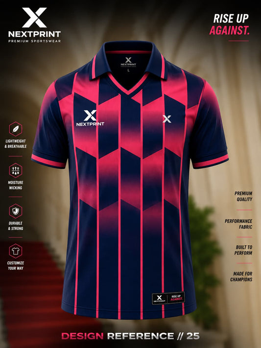 Navy blue and neon pink V-neck cricket jersey featuring geometric vertical stripe graphics and premium performance fabric.