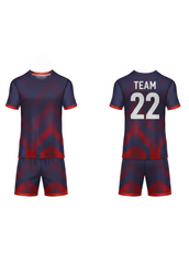 Navy blue and red chevron pattern custom sports jersey with matching shorts, front and back view with team name and number for personalized uniforms in India