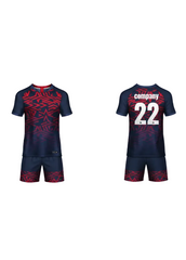 Navy blue and red custom sports jersey with geometric pattern and matching shorts, front and back view with personalized name and number for team uniforms in India