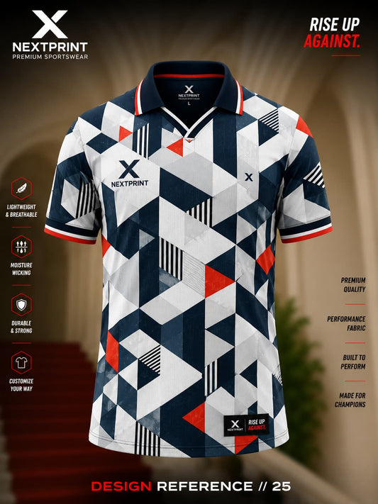 Navy, white, and red geometric V-neck cricket jersey featuring modern triangle graphics and premium moisture-wicking performance fabric.
