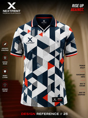 Navy, white, and red geometric V-neck cricket jersey featuring modern triangle graphics and premium moisture-wicking performance fabric.