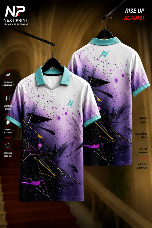 White, purple, and black futuristic abstract polo sports jersey with galaxy-inspired graphics shown in front and back views.