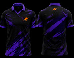 Front and back view of the Nebula Strike purple and black V-neck polo esports jersey featuring bold purple brush-stroke graphics with an orange chest logo and matching back neck logo.