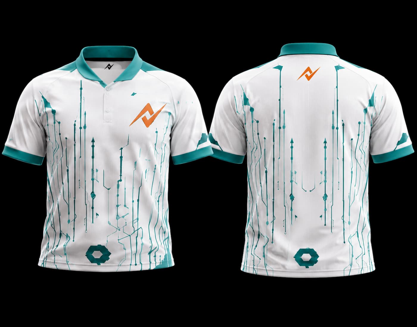 White and teal futuristic K-Pop esports jersey with cyber circuit graphics, orange chest logo, and matching back neck logo shown in front and back view.