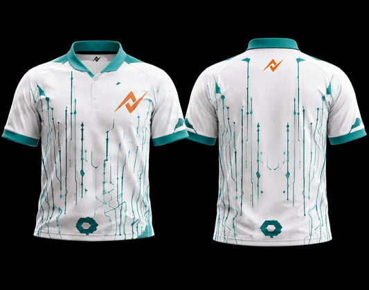 White and teal futuristic K-Pop esports jersey with cyber circuit graphics, orange chest logo, and matching back neck logo shown in front and back view.