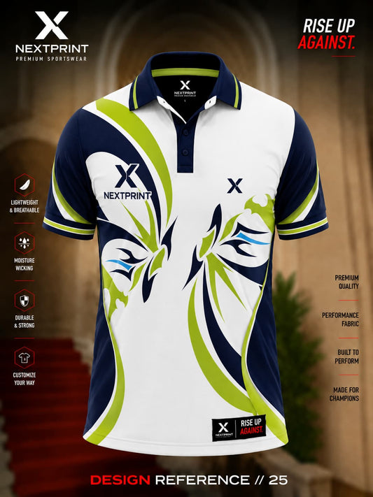 Premium white, navy blue, and lime green polo cricket jersey featuring modern wing-inspired graphics with breathable dry-fit performance fabric.