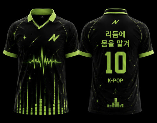 Black and neon green Neon Beat K-Pop jersey featuring futuristic audio waveform graphics with front and back views.