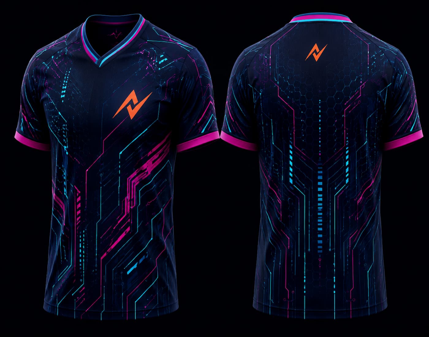 Front and back view of a midnight navy V-neck esports jersey featuring neon cyan and magenta cyber circuit graphics with an orange logo on the chest and upper back.