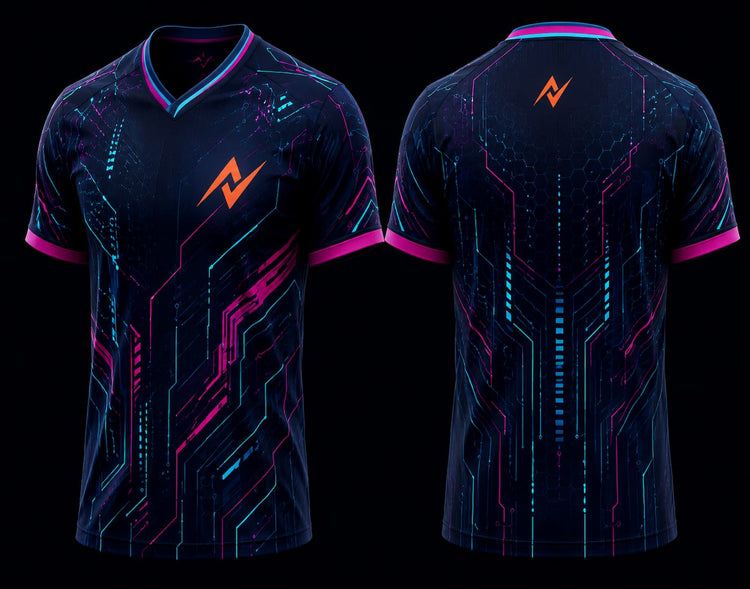 Front and back view of a midnight navy V-neck esports jersey featuring neon cyan and magenta cyber circuit graphics with an orange logo on the chest and upper back.