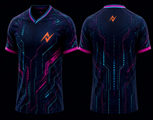 Front and back view of a midnight navy V-neck esports jersey featuring neon cyan and magenta cyber circuit graphics with an orange logo on the chest and upper back.