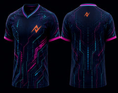 Front and back view of a midnight navy V-neck esports jersey featuring neon cyan and magenta cyber circuit graphics with an orange logo on the chest and upper back.