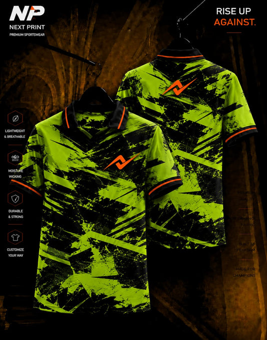 Neon green and black abstract graffiti sublimation polo sports jersey front and back design by Next Print