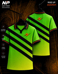 Neon green and black diagonal stripe polo sports jersey with orange Next Print logo, front and back view
