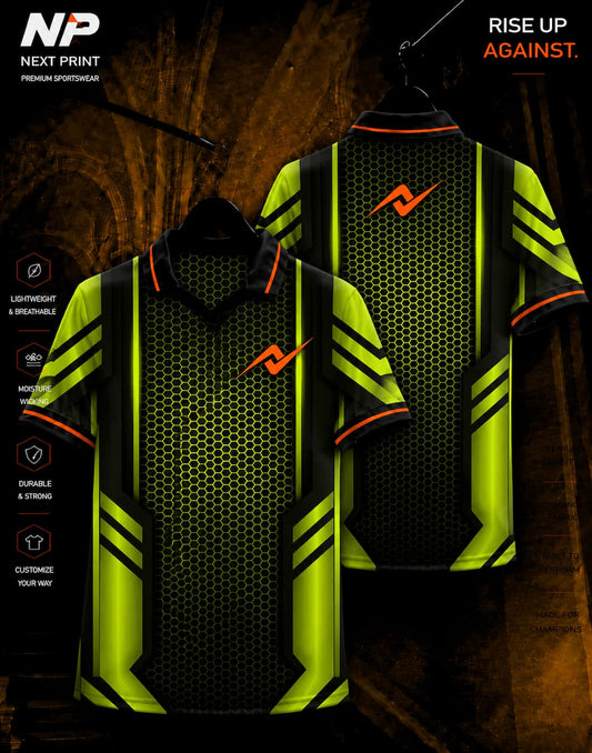 Neon green and black honeycomb tech sublimation polo sports jersey front and back by Next Print