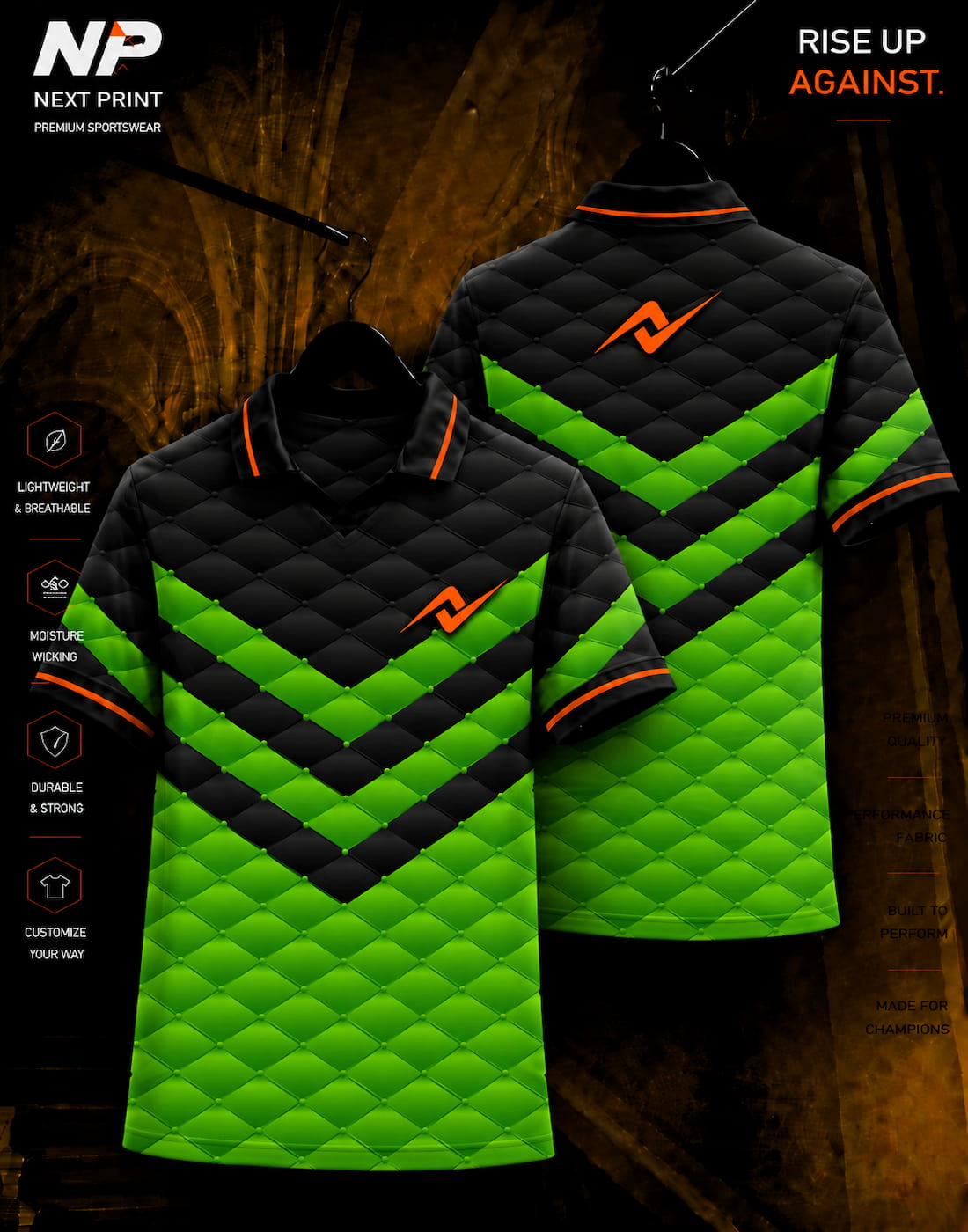 Neon green and black matrix diamond pattern sublimation polo sports jersey by Next Print shown in front and back view