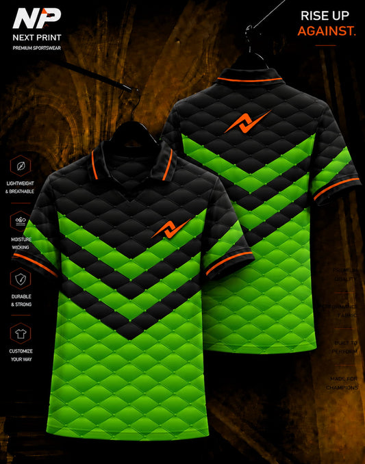 Neon green and black matrix diamond pattern sublimation polo sports jersey by Next Print shown in front and back view
